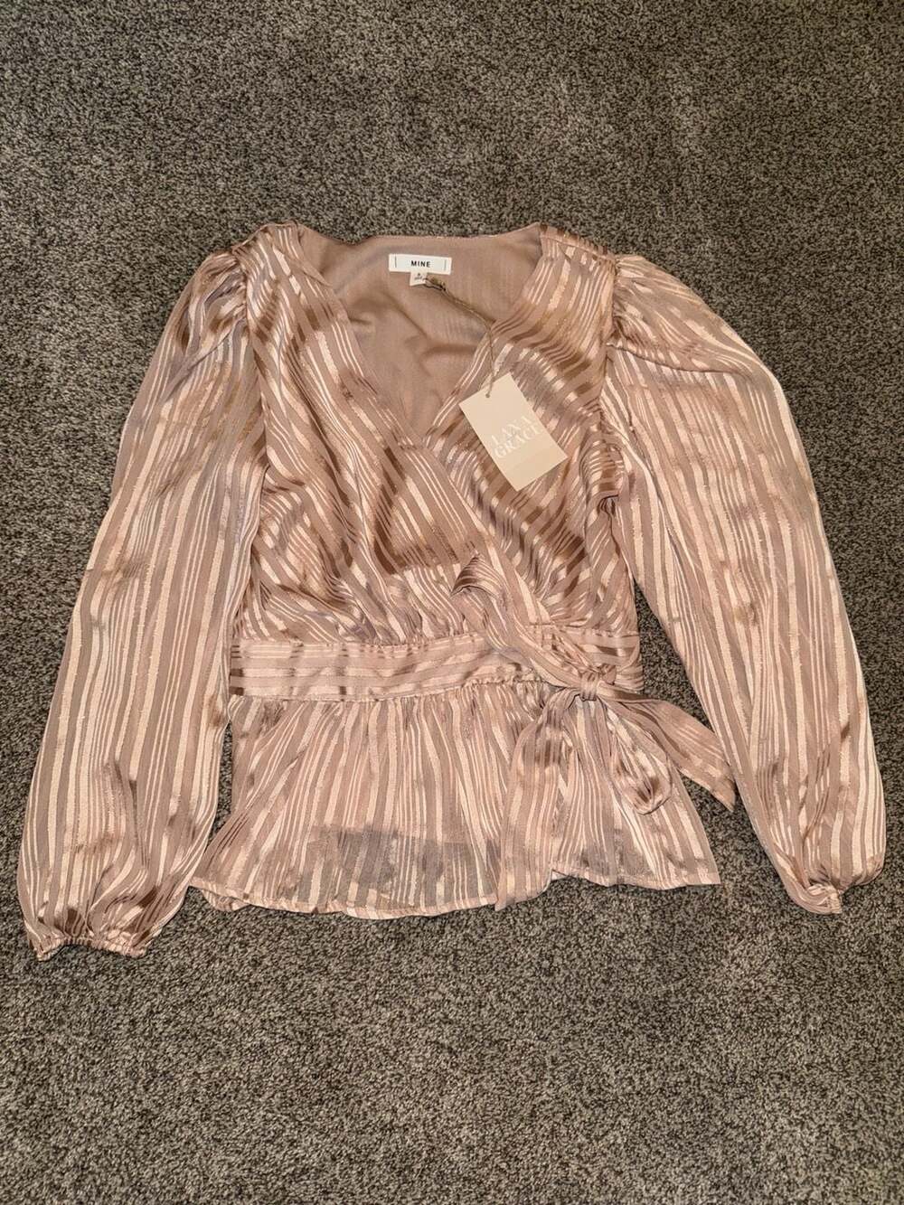 MINE Wrap Blouse Size S Pink Striped Peplum Long Sleeve